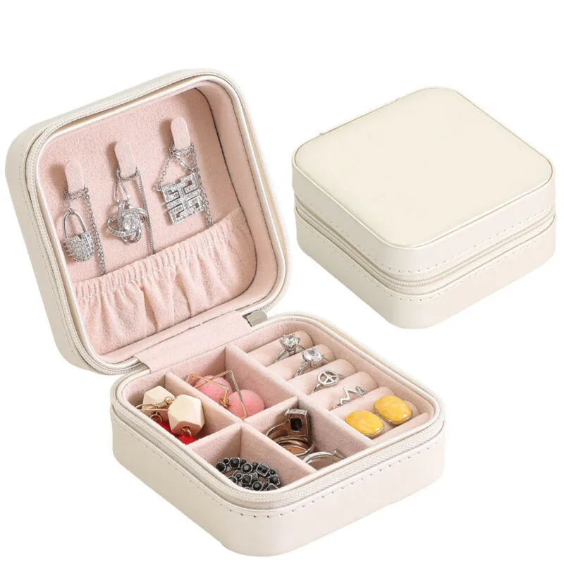 Kvinnans smyckeslåda reser kosmetisk halsband ring förvaring fall blixtlås smycken arrangör display mini box pu läder vattentät309u