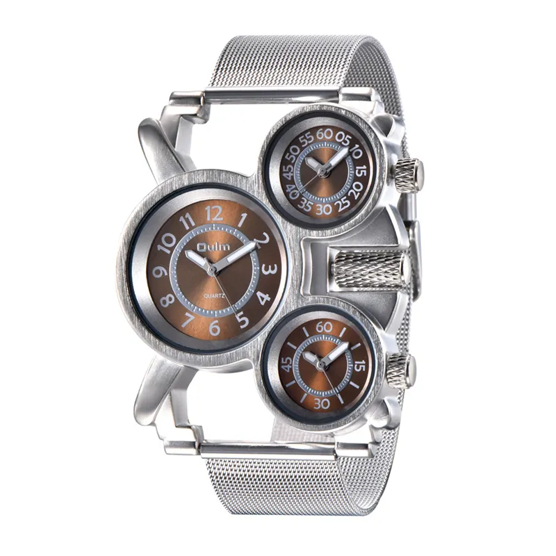 Часы Oulm с несколькими часовыми поясами, мужские сетчатые стальные ремешки, корпус из сплава, спортивные часы с тремя разными часовыми поясами, мужские наручные часы1805