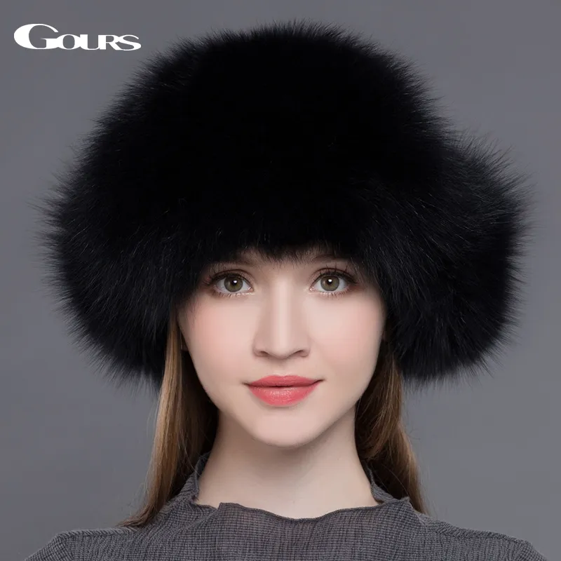 Gours Chapeau De Fourrure pour Femmes Naturel Fourrure De Renard De Raton Laveur Russe Ushanka Chapeaux D'hiver Épais Oreilles Chaudes Mode Bomber Cap Noir Nouvelle Arrivée L323Q