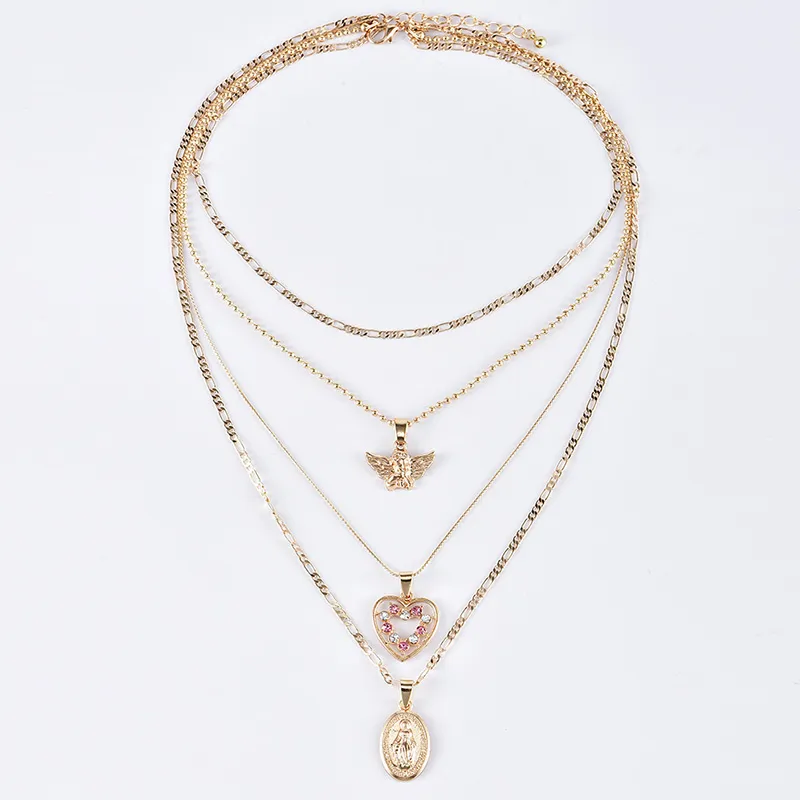 Women Necklaces Angel Heart Pink Crystal Virgin Mary Pendant Clavicle Chain Multilayer Gold Necklace Set Engagement Jewelry Gift215q