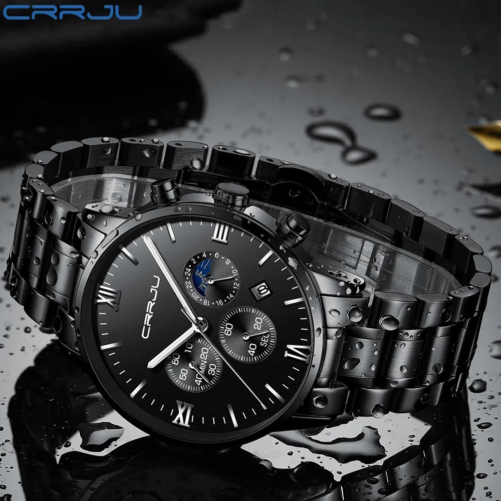 Relogio Masculino Crrju Men Luxury Full Steel Watchesファッションスポーツクォーツミリタリードレスウォッチ男性明るい防水時計242V
