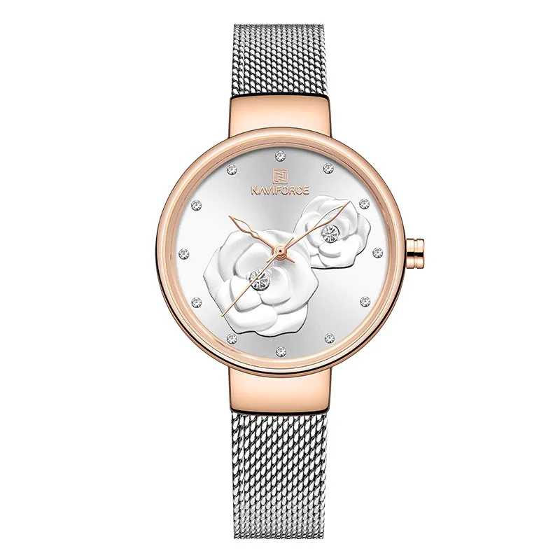 Relógio feminino naviforce topo marca de luxo malha aço à prova dwaterproof água senhoras relógios flor quartzo feminino relógio pulso encantador menina clock268l