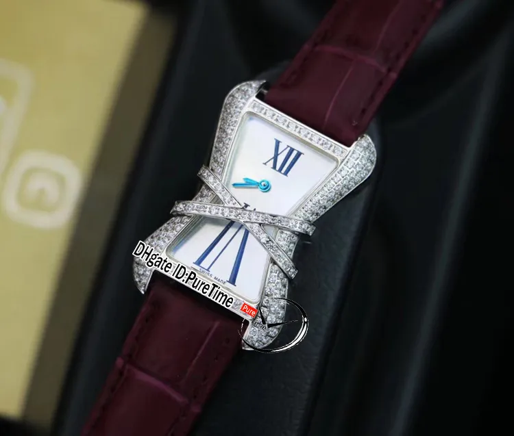 High Jewelry Libre WJ306014 Diamond Enlacee Montre à quartz suisse pour femme Lunette en diamant Cadran blanc MOP Cuir rouge Nouveau Puretime229b