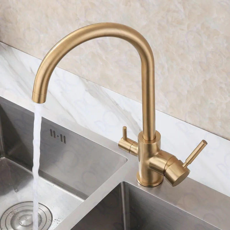 ROLYA Brushed Golden 3 Way Water Filter Tap Burnished Gold RO Water Kitchen Faucet Tri Flow Kitchen Sink Mixer269t