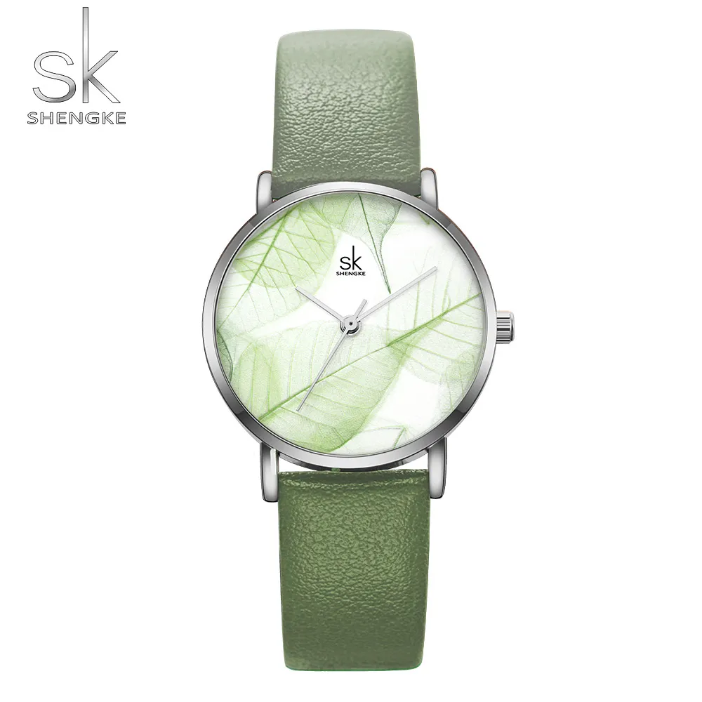 Shengke nouvelles femmes montres créatif feuilles cadran brillant bracelet en cuir Quartz horloge mode décontracté dames montre-bracelet Montre Femme218s