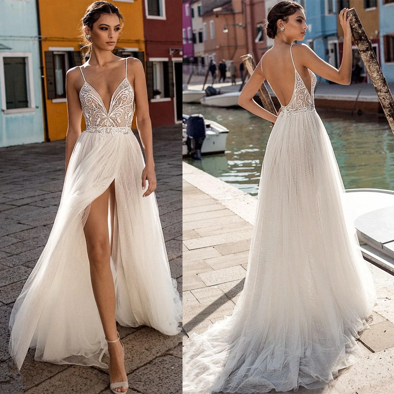 Sexy Backless Wedding Dresses with Spaghetti Straps 2020 New Fashion A Line V Neck Split Tulle Wedding Dress Appliques Bridal Gowns