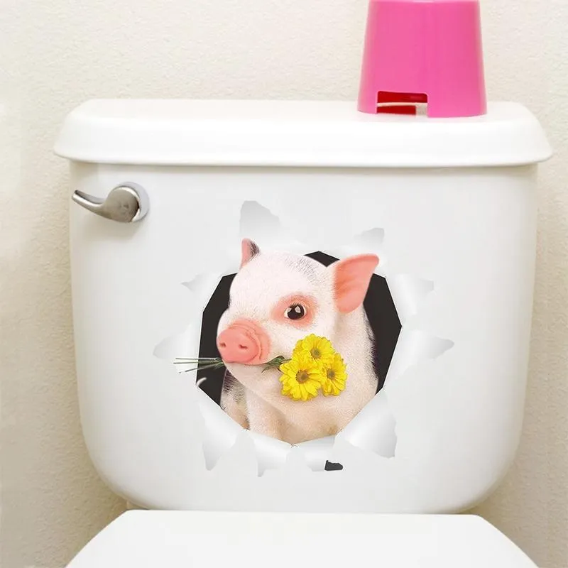 3d Carton en trois dimensions autocollants de porc mignons cr￩atifs de toilette de salle de bain autocollants PVC amovibles