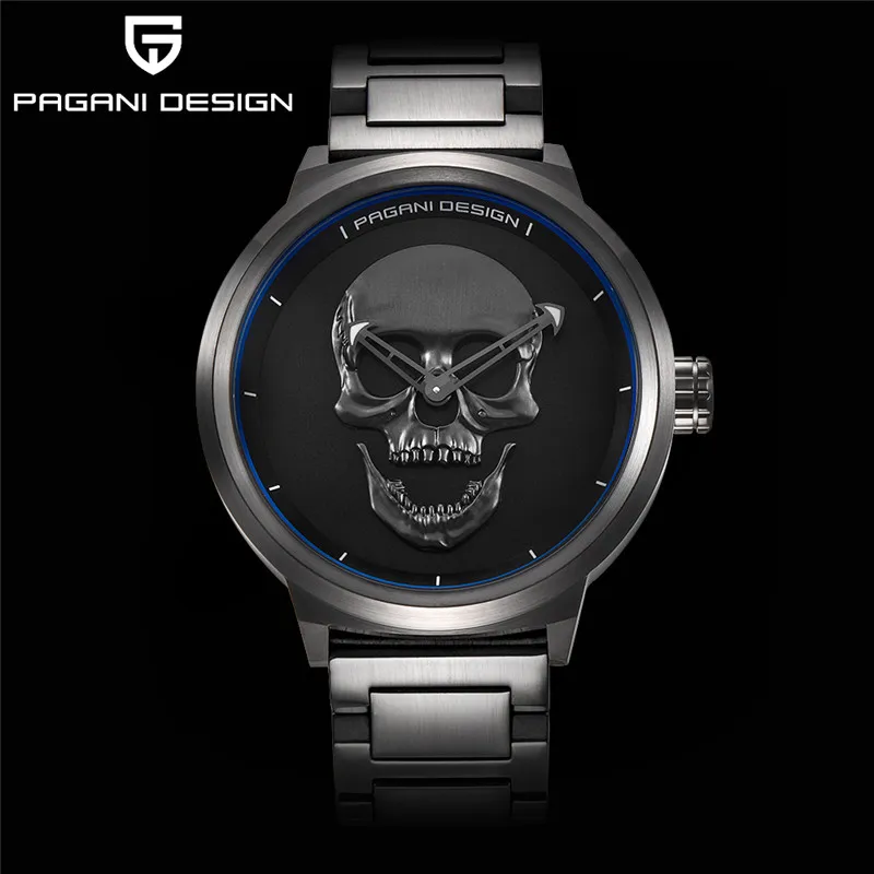 Punk 3D Schedel Persoonlijkheid Retro Mode Heren Horloge Waterdicht 30m Staal Roestvrij Quartz Horloge PAGANI DESIGN Relogio Masculi272m