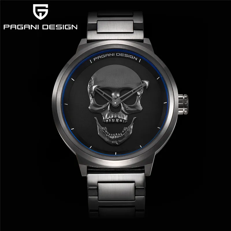Punk 3D Skull Personlighet Retro Fashion Men's Watch Waterproof 30m Steel rostfritt kvartsklocka Pagani Design Relogio Masculi330b