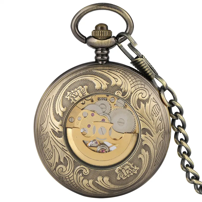Orologio da tasca vintage in bronzo numeri romani scheletro orologi meccanici automatici uomo donna orologio a carica automatica pendente FOB catena220f