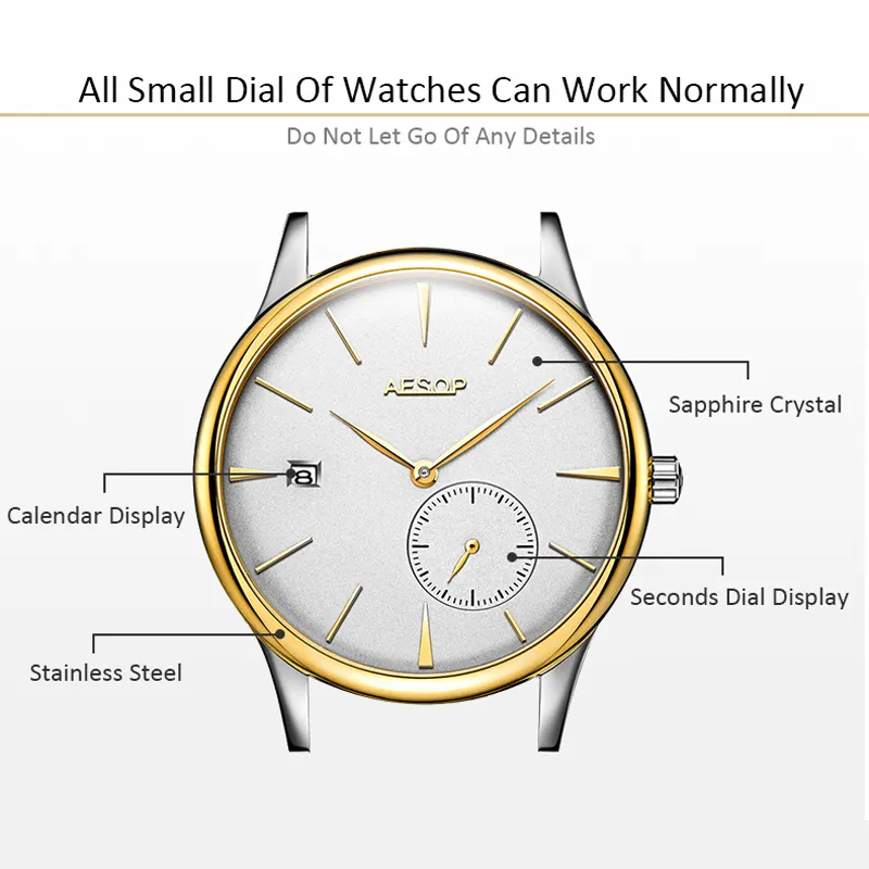 AESOP Ultra Thin 8 5mm Classic Watch Men Sliver Golden Minimalist Male Clock Clock Full Steel Hours Relogio Massulino281f