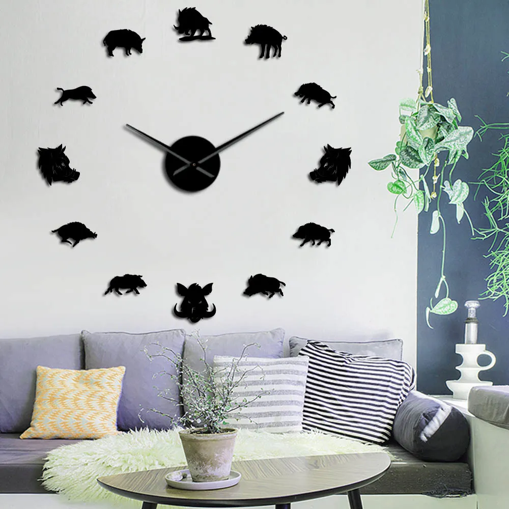 Sus Scrofa Wildschwein Figuren Wandkunst Spiegel Aufkleber DIY Riesenwanduhr Wildschwein Große Hängeuhr Wanduhr Jäger Geschenke Y200407