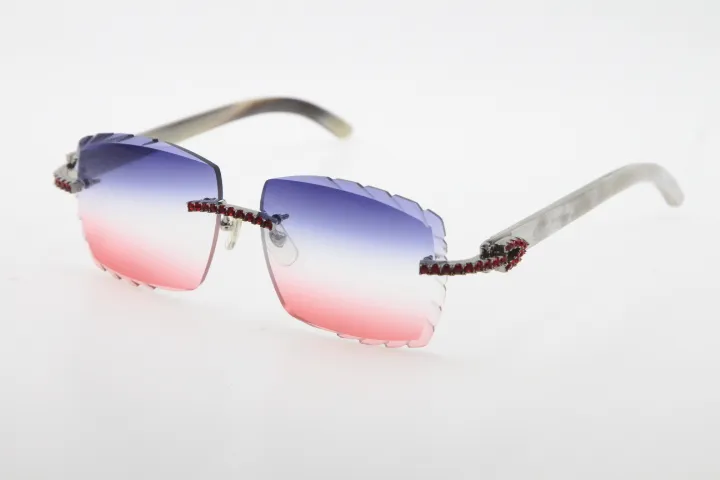 Bütün kenarsız kırmızı büyük taş güneş gözlüğü optik 3524012-a beyaz orijinal manda boynuz gözlükleri yüksek kaliteli oyma lens gözlük253w