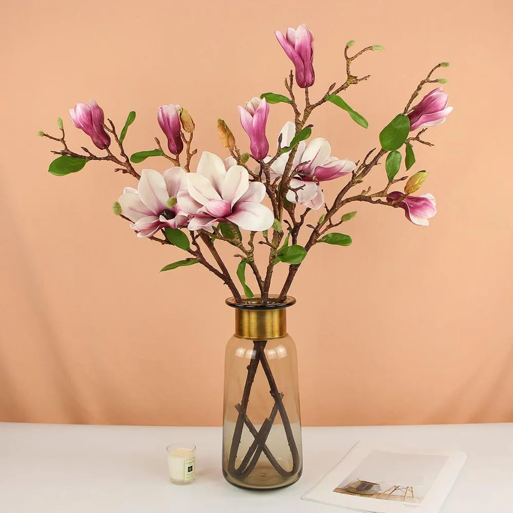 Dekoracyjne kwiaty wieńce Rinlong sztuczny magnolia jedwabny jedwabny trzpień kwiat na wysokie wazon w kuchni dekoracja domowa 1285V