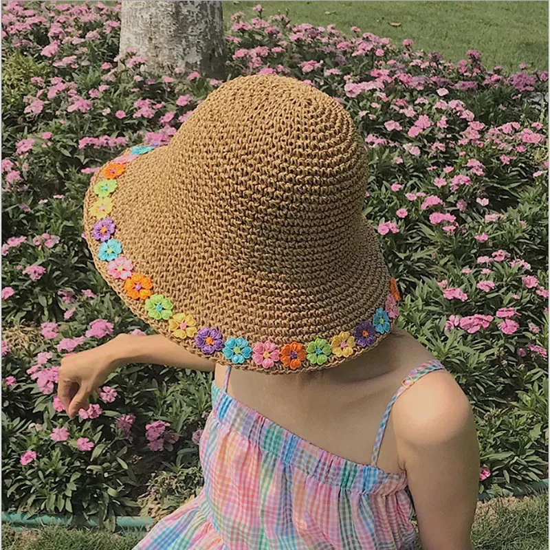 Chapeaux d'été pour femmes fleurs colorées chapeau de paille fait à la main pliable Panama chapeau de plage dames à large bord soleil Chapeu Feminino307t