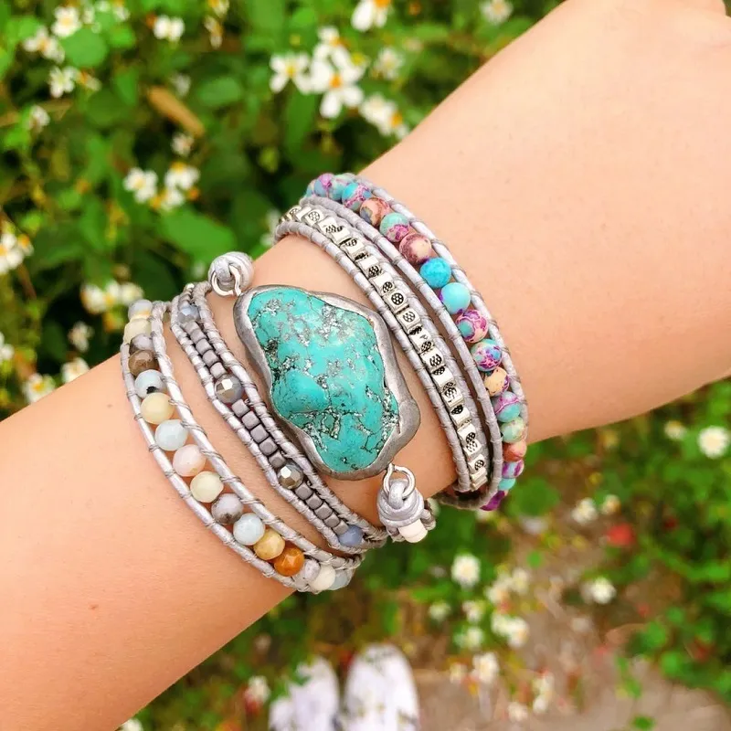 Date Unique Mixte Pierres Naturelles Turquoises Charme 5 Brins Wrap Bracelets À La Main Boho Bracelet Femmes Bracelet En Cuir J190625203H