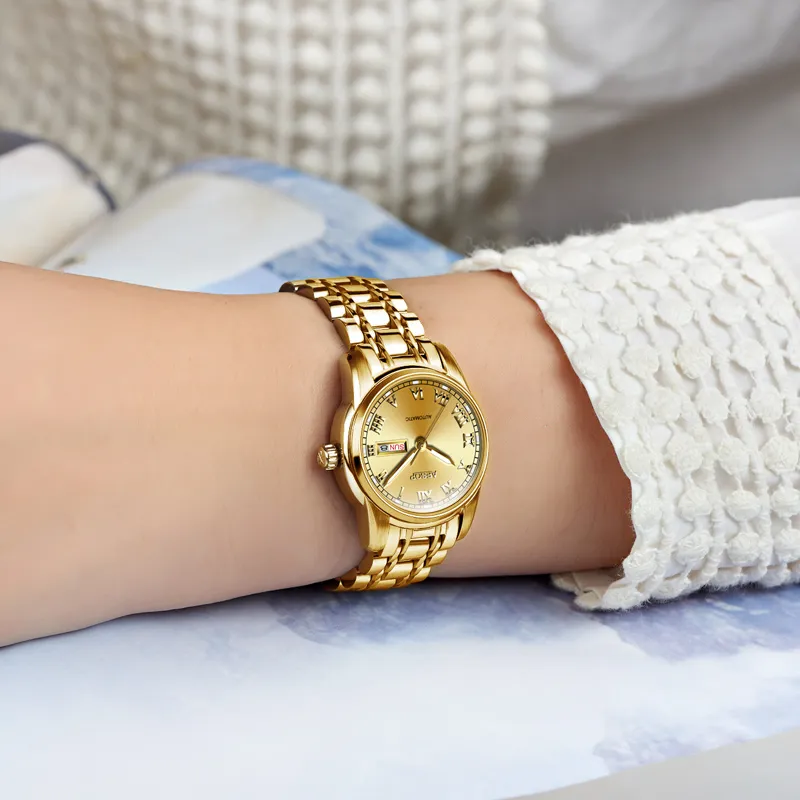 aesop Gold Luxury Watch Women Japan Movement Mechanical Automatic Watch Ladiesステンレス鋼ゴールデン女性時計女性208U