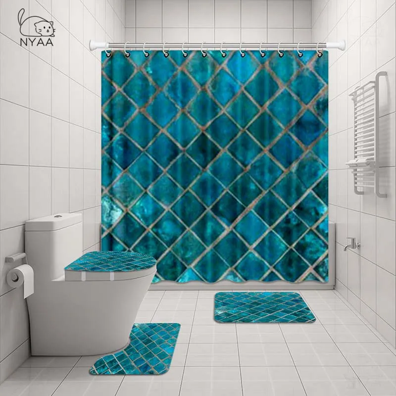 NYAA 4 pièces décoration mosaïque rideau de douche piédestal tapis couvercle couverture de toilette tapis tapis de bain ensemble pour salle de bain décor Y200407228E