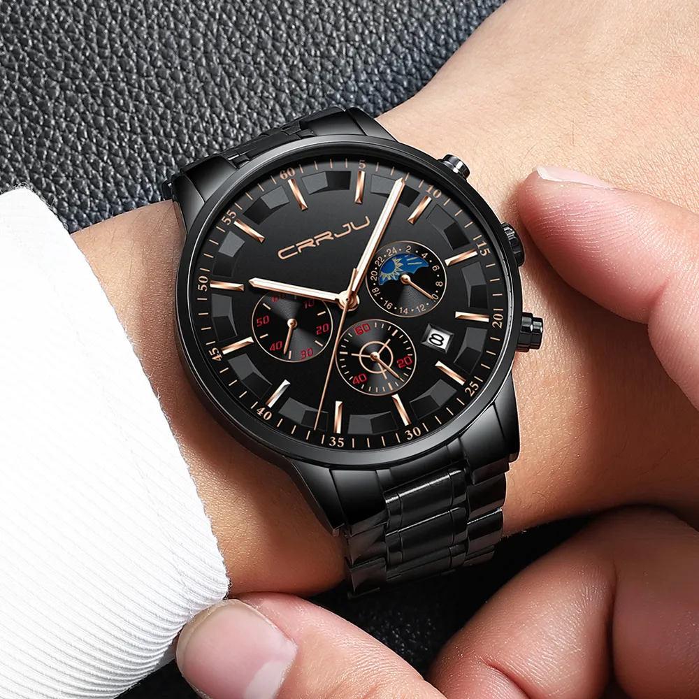 CRRJU montres pour hommes Top marque de luxe Sport Quartz tout acier mâle horloge militaire Camping étanche chronographe Relogio Masculino ne2534