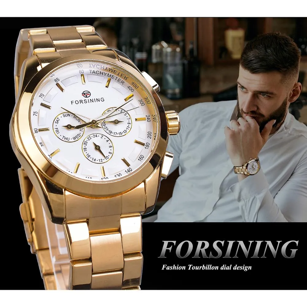 CWP Forsining Golden Men Mechanical Watch Fashion 3 Dial Calendar Stael Business Dżentelmen Automatyczne zegarki Montre Hom291Q