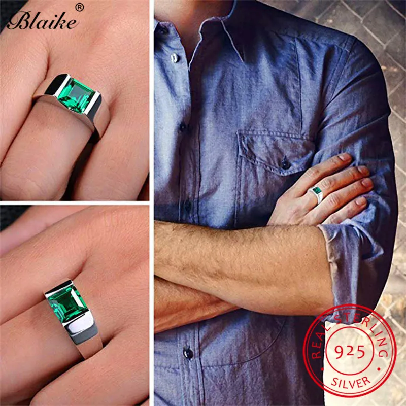 100% Real 925 Sterling Silver Rings For Men Women Square Green Emerald Blue Sapphire Birthstone Wedding Ring Fine Jewelry245S262t