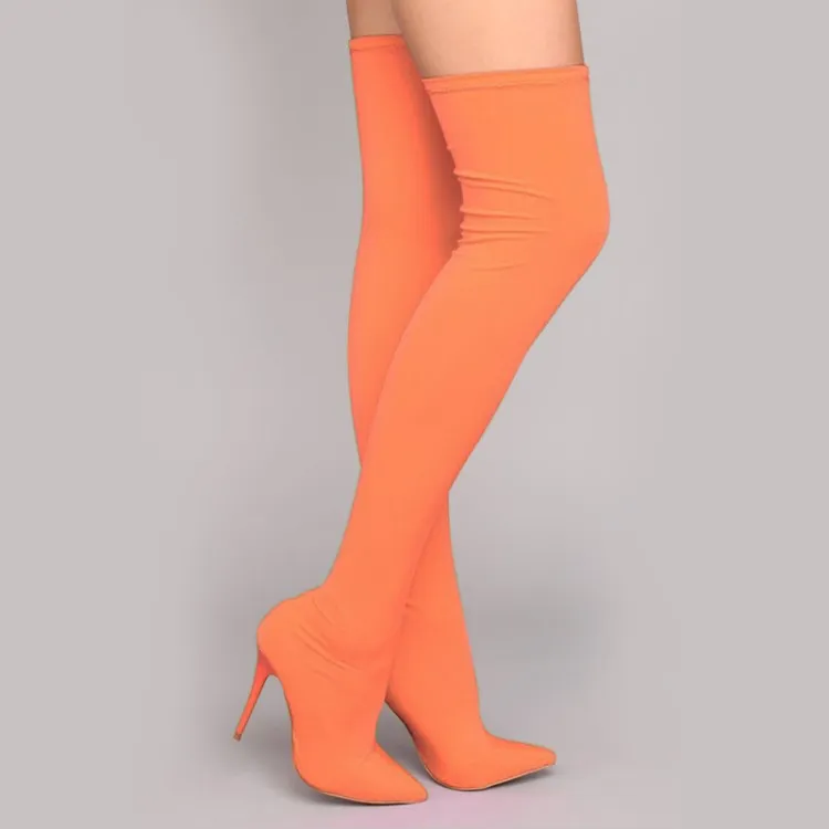 Rontic – bottes extensibles au dessus du genou pour femmes, chaussures à talons hauts et fins, bout pointu, Sexy, Rose, rouge, vert, Orange, chaussures pour femmes, taille américaine 6-9.5