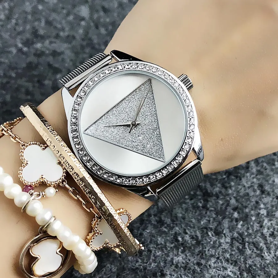 Marca relógio de pulso de quartzo para mulheres menina estilo cristal triangular dial metal banda aço relógios gs 22334v