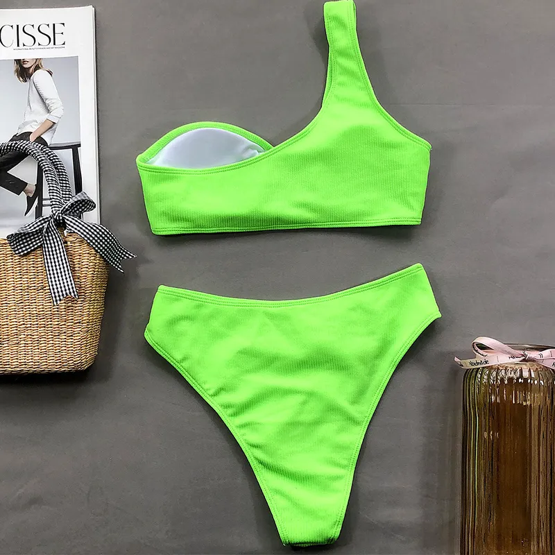 One épaule néon vert bikini 2020 nouveau ring sexy women maillot de bain plage de plage push up up coupé de maillot de bain féminin baignoires 7332504