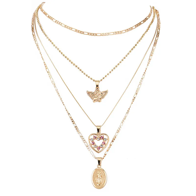 Women Necklaces Angel Heart Pink Crystal Virgin Mary Pendant Clavicle Chain Multilayer Gold Necklace Set Engagement Jewelry Gift215q