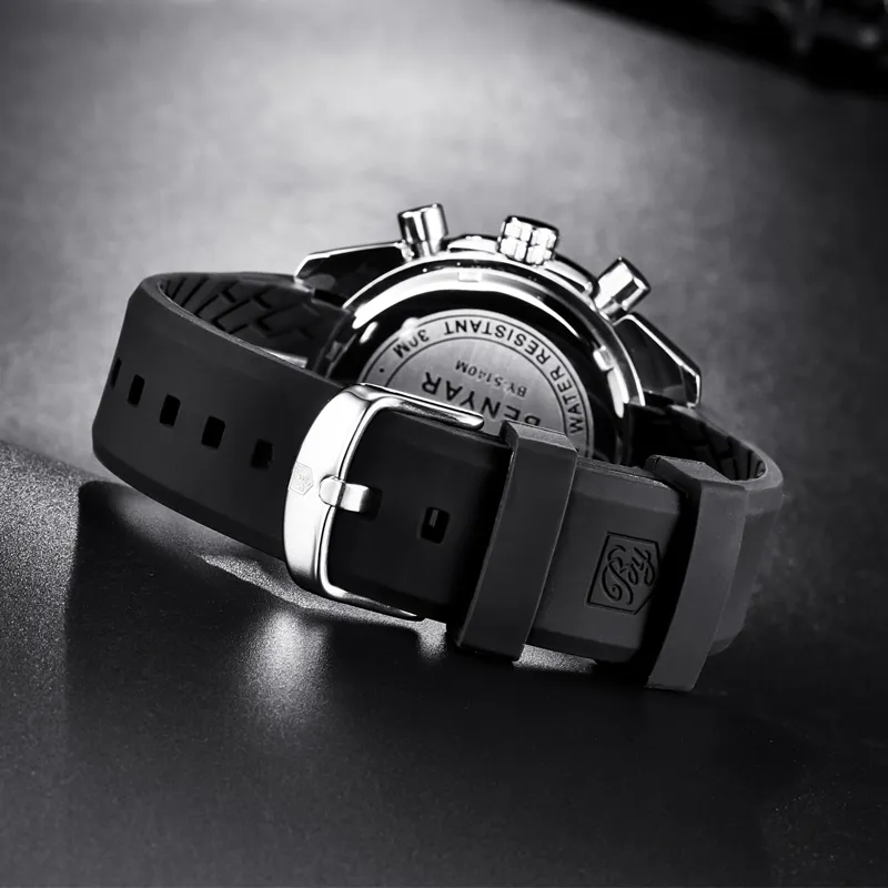Titta på män Luxury Brand Benyar Mens Blue Watches Silicone Band Wrist Watches Men's Chronograph Watch Man Relogio Masculino2615