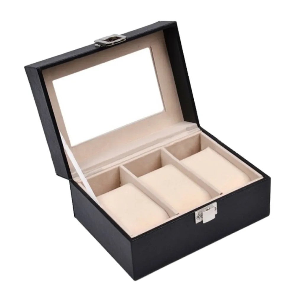 Titta på ruta 2 3 rutnät Black PU Läder smycken Box Titta på Winder Organizer Case Storage Display Holder Gift302s