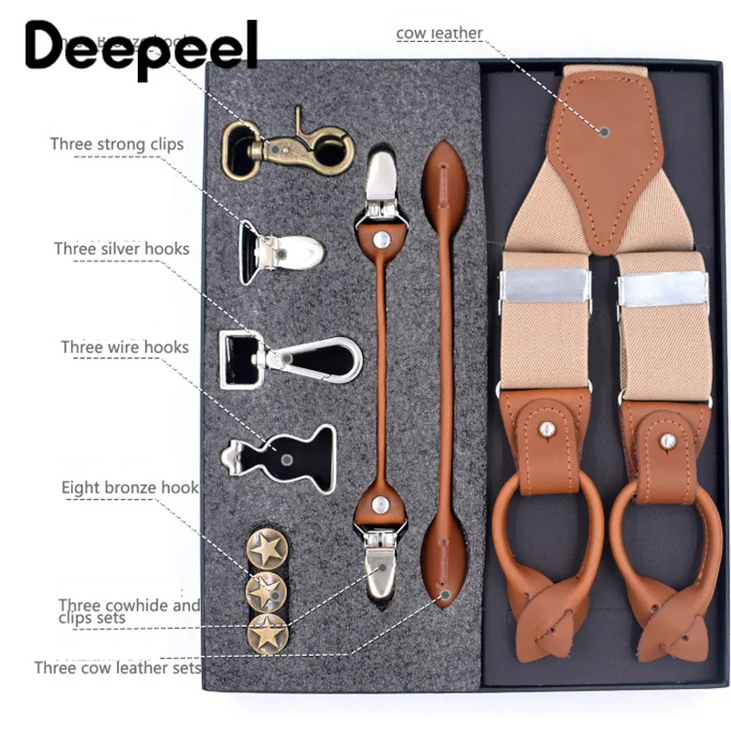 Deepeel 3 5X125cm Business Men Suspenders Multi-set Suit 3 6 Clips DIY Genuine Leather Strap For Gift301s