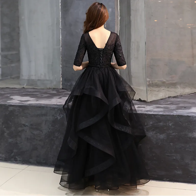 2021 Black Lace Tulle Long Modest Prom Dresses With Half 1 2 Sleeves A-line Floor Length Ruffles Skirt Teens Formal Party Dress209n