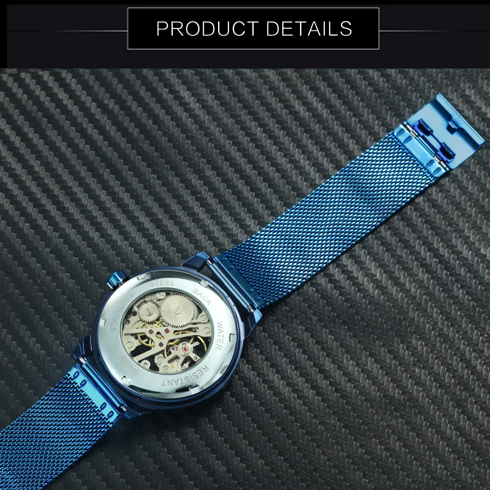 Winnaar Officiële mode Casual Men Mechanisch Bekijk Blue Mesh Strap Ultra dunne skeletherenhorloges Top Brand Luxury Clock 2019 C325B