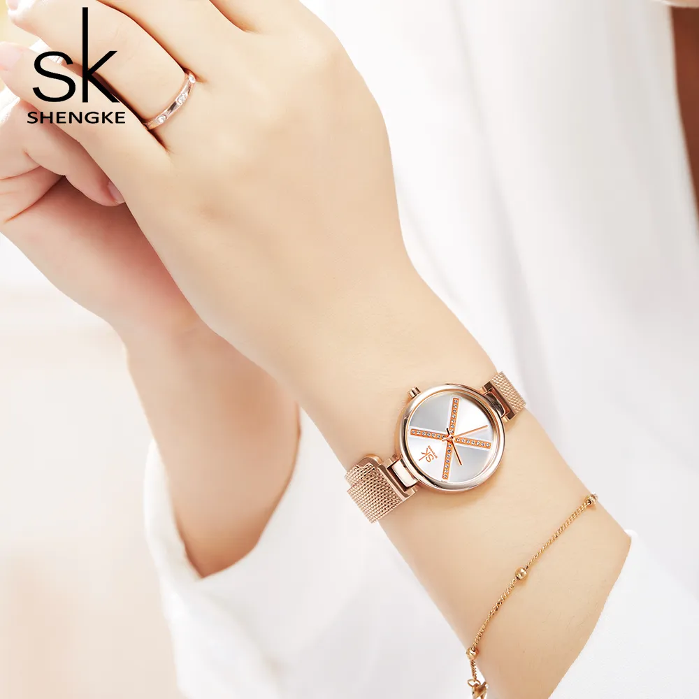 CWP Shengke Crystal Watch Waterproof Rose Gold Steel Pasp zegarki na nadgarstki