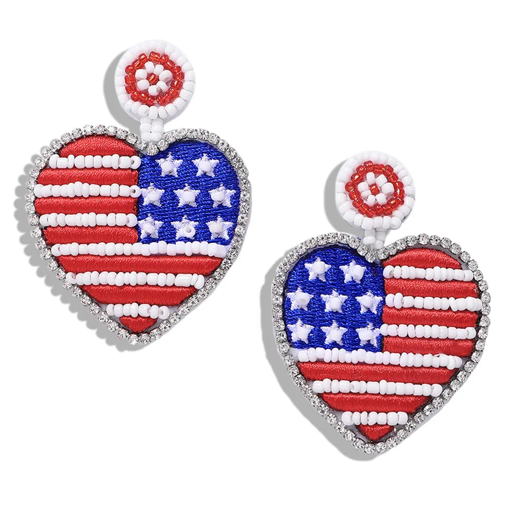 Whole- luxury designer exaggerated lovely cute colorful beaded America USA flag heart pendant stud earrings for women girls215C