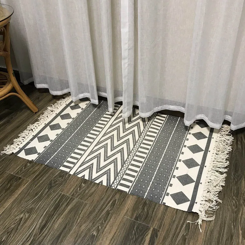 Alfombra tejida a mano de algodón blanco y negro marroquí para sala de estar, dormitorio, cocina, pasillo, alfombras duraderas lavables a máquina con borlas Mat1263J