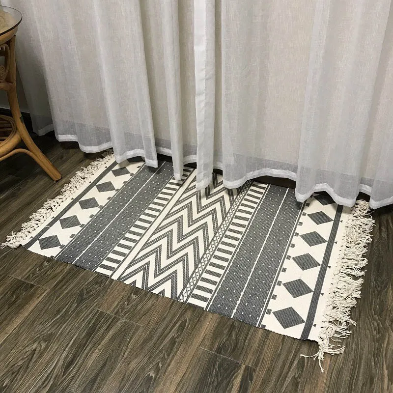 Morocco Black White Cotton Hand Woven Rug for Living Room Bedroom Kitchen Hallway Durable Machine Washable Tassels Area Rugs Mat1263J