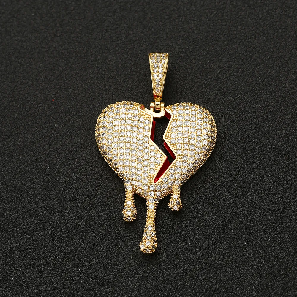 Collier pendentif goutte à goutte d'huile rouge Bro coeurs avec chaîne en corde couleur or argent Zircon cubique hommes femmes Hip hop bijoux 249c