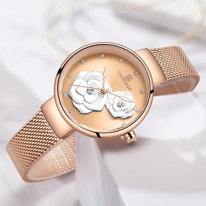 Women Wather Naviforce Top Buy Luxury Steel Mesh Waterproof Watches Flower Quartz Female Wristwatch Girl Clock268L