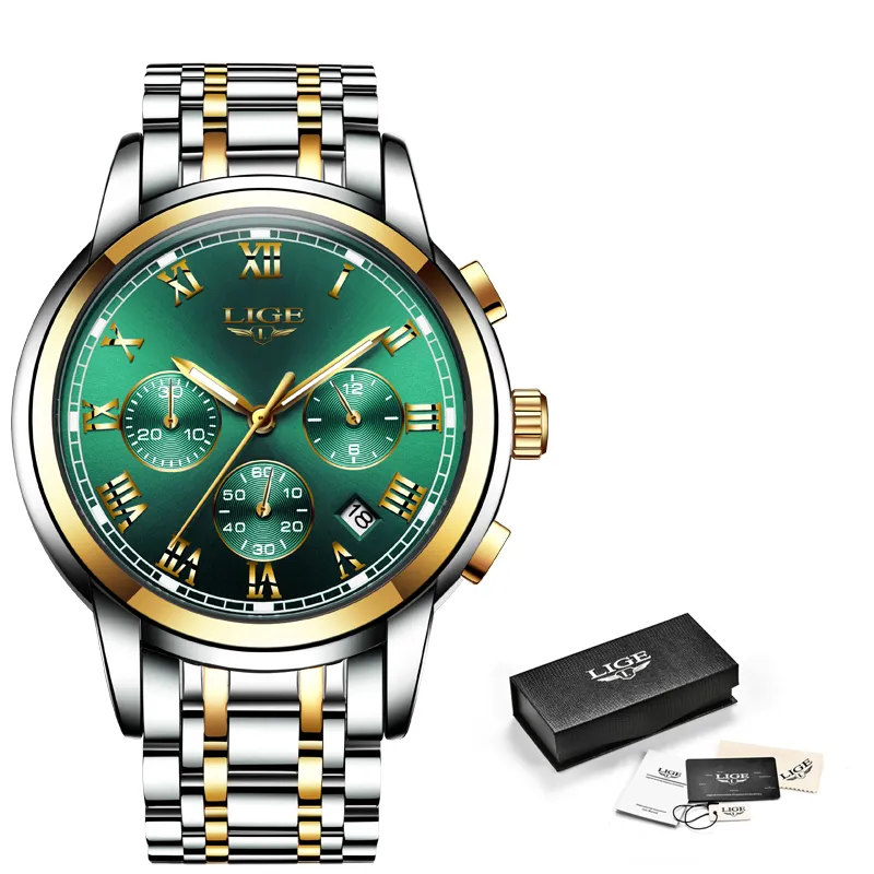 Montres Hommes 2019 LIGE Top Marque De Luxe Vert Mode Chronographe Mâle Sport Étanche Tout En Acier Quartz Horloge Relogio Masculino C315Y