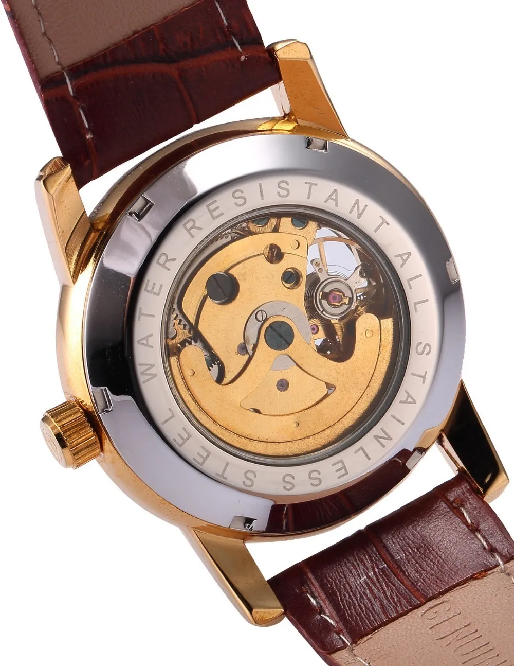 男性の手首は豪華なゴールデンスケルトンメカニカルスチームパンク男性時計自動腕時計レザーストラップヘレンホーログJ19070294N
