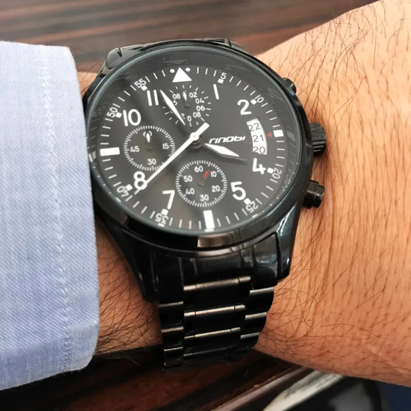 SINOBI Watches Men Waterproof Stainless Steel Luxury Pilot Wrist Watches Chronograph Date Sport Diver Quartz Watch Montre Homme306e