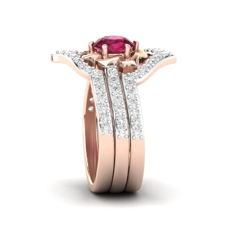 3-delige set prachtige 18K Rose Gold Ruby Flower Ring verjaardag voorstel sieraden vrouwen Engagement Wedding Band Ring Set verjaardag Par2857