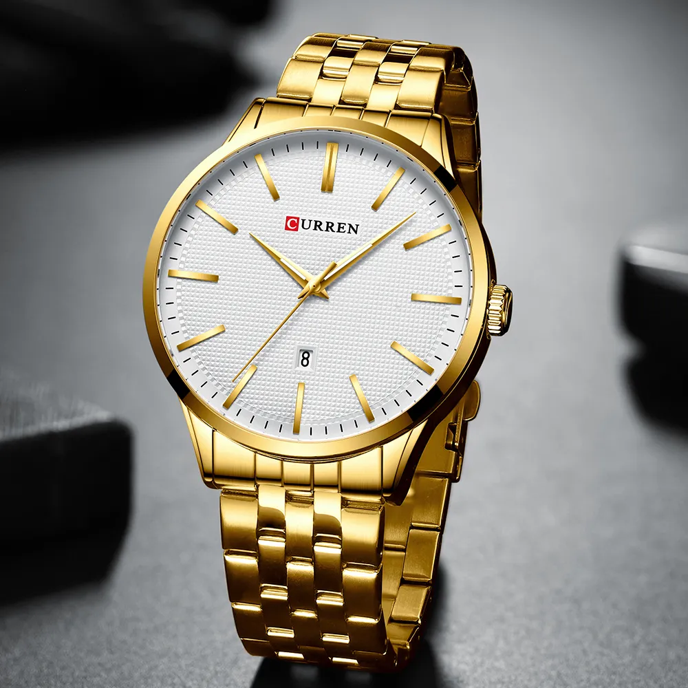 Obejrzyj Man New Curren Brand Watches Fashion Business Na ręce z auto data zegar ze stali nierdzewnej Zegar męski Casual Style ELOJ259M
