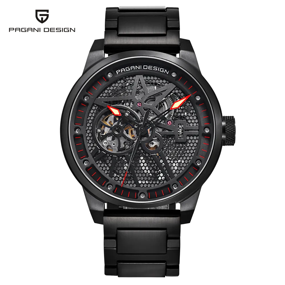 ファッションラグジュアリーブランドPagani Leather Tourbillon Automatic Watch Men Men Men Mechanical Steel Wristwatches Relogio Masculin337n