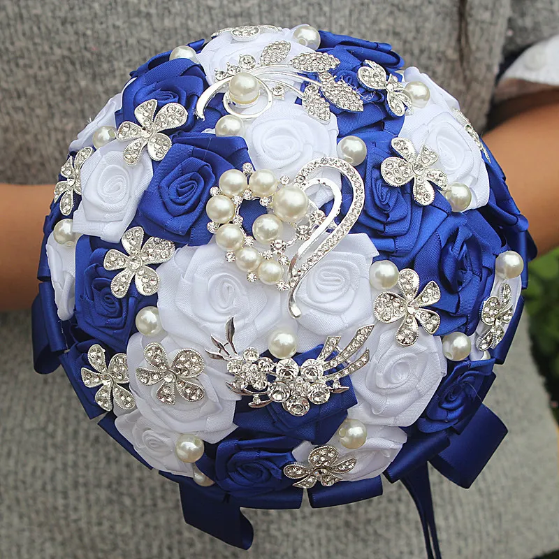 Royal Blue White Rose Artificial Fowers Wedding Bouquet Hand Holding Flowers Diamond Brosch Pearl Crystal Bridal Bouquets W125-3238G