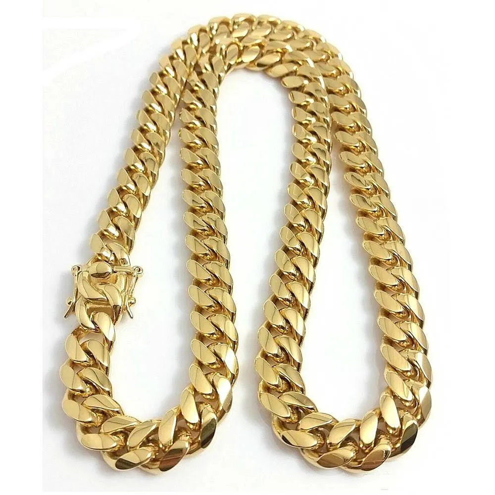 Rostfritt stål smycken 18k guld pläterad hög polerad kubansk länk halsband män 14 mm kedja draken-skägg lås 24 26 28 30280J