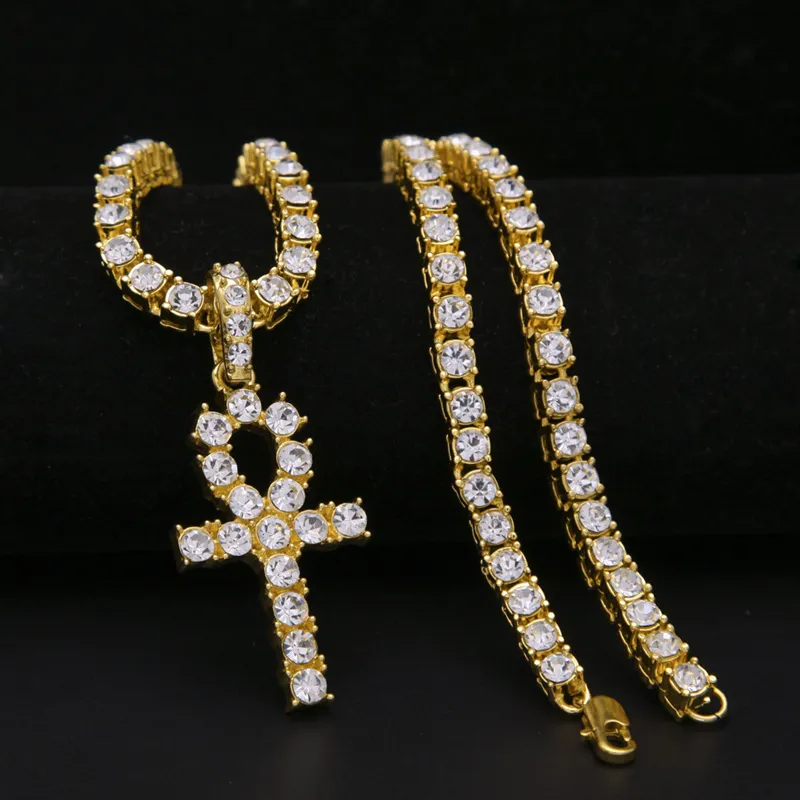 Egyptien ankh clés Colliers Homme Bling Bling Gold plaqué strass de chaîne de cristal Croix Iced Out Pendant pour le rappeur féminin Hip Ho241a