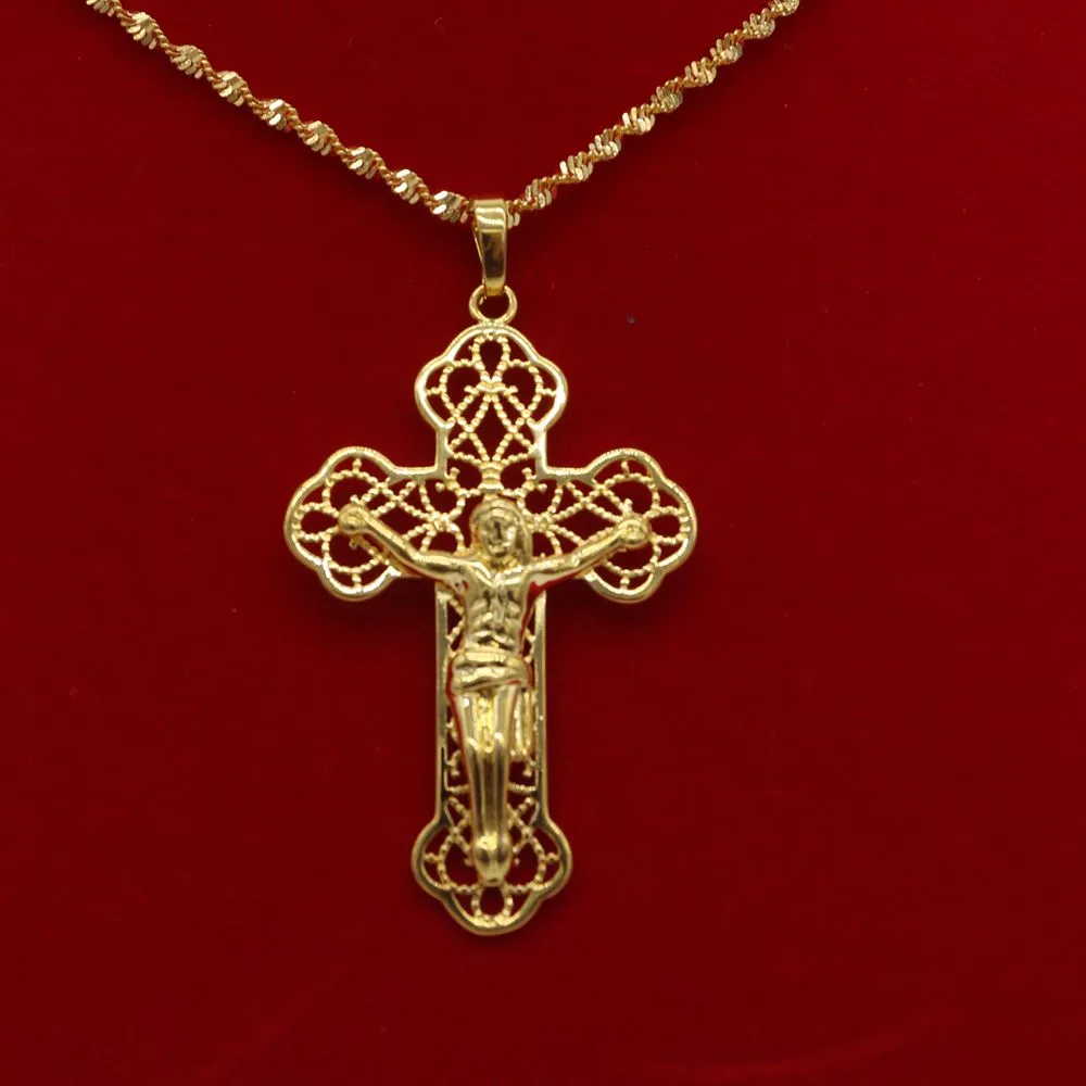 Klassisk stil Filigree Jesus Pendant Chain18k gult guldfyllda kvinnor Mens Cross Pendant Halsband Crucifix Choker182d